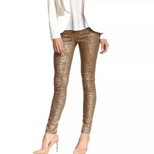 7FAM "THE HIGH-WAIST SKINNY ANKLE" Artisan Tile Jeans In "METALLIC GOLD"